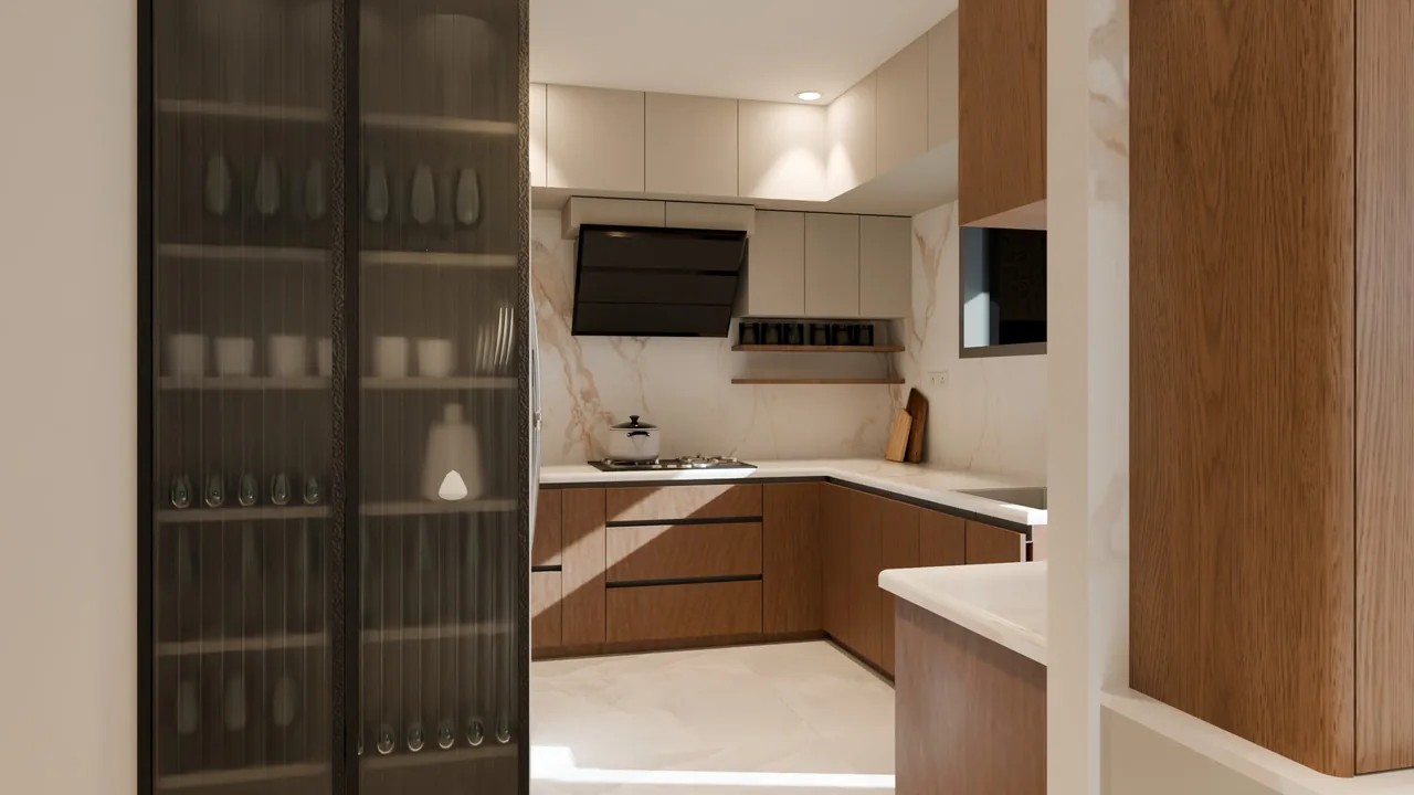 L-shaped kitchen in walnut and white with a fluted-glass crockery unit