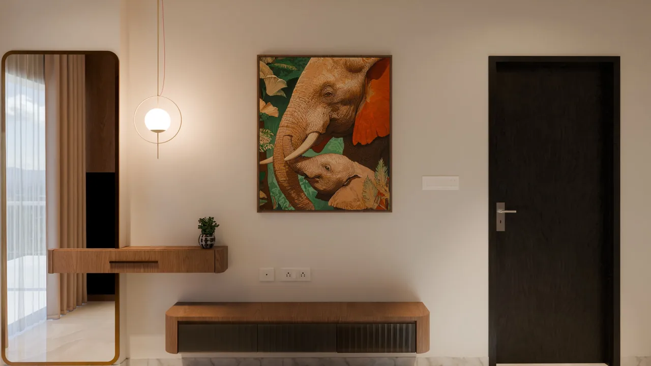 Master bedroom dresser with a ring pendant light and an elephant painting