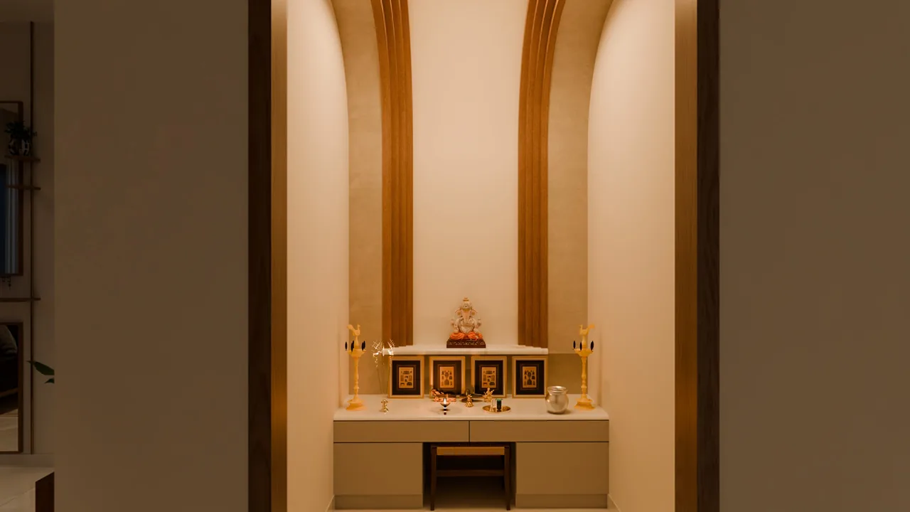 Pooja room with warm wooden arches and a glowing shrine