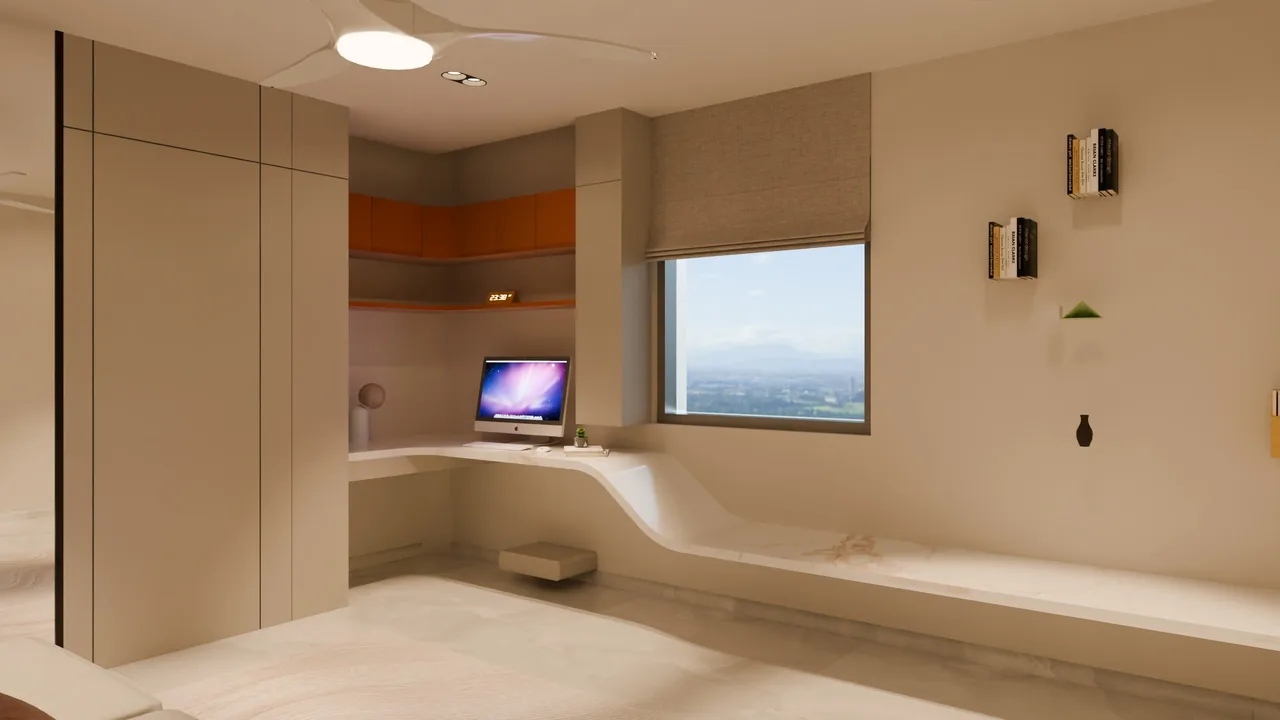 Study with a curved built-in desk and window seat